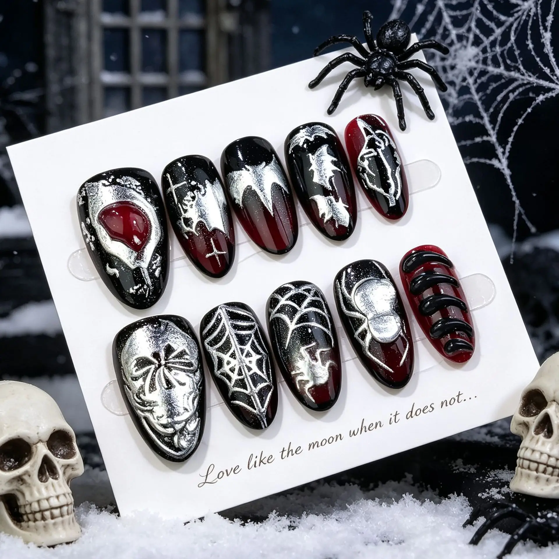 30pcs Gothic Black Red Gradient Press on Nails 3D Silver Spider Web Bat Spider Metallic Chrome False Nail Short Almond Fake Nail