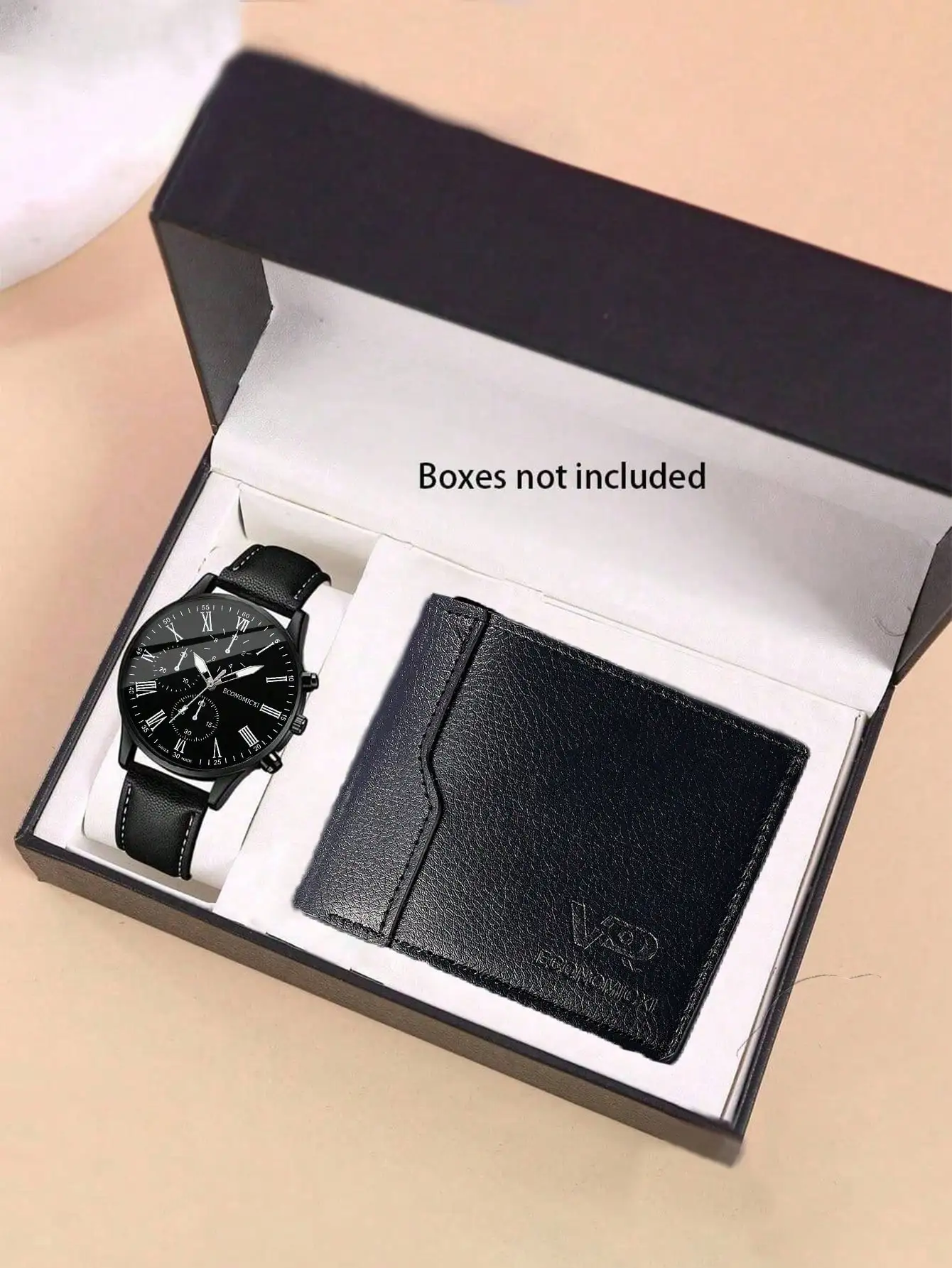 

Мужские черные кварцевые часы с ремешком из искусственной кожи и комплектом с кошельком в тон