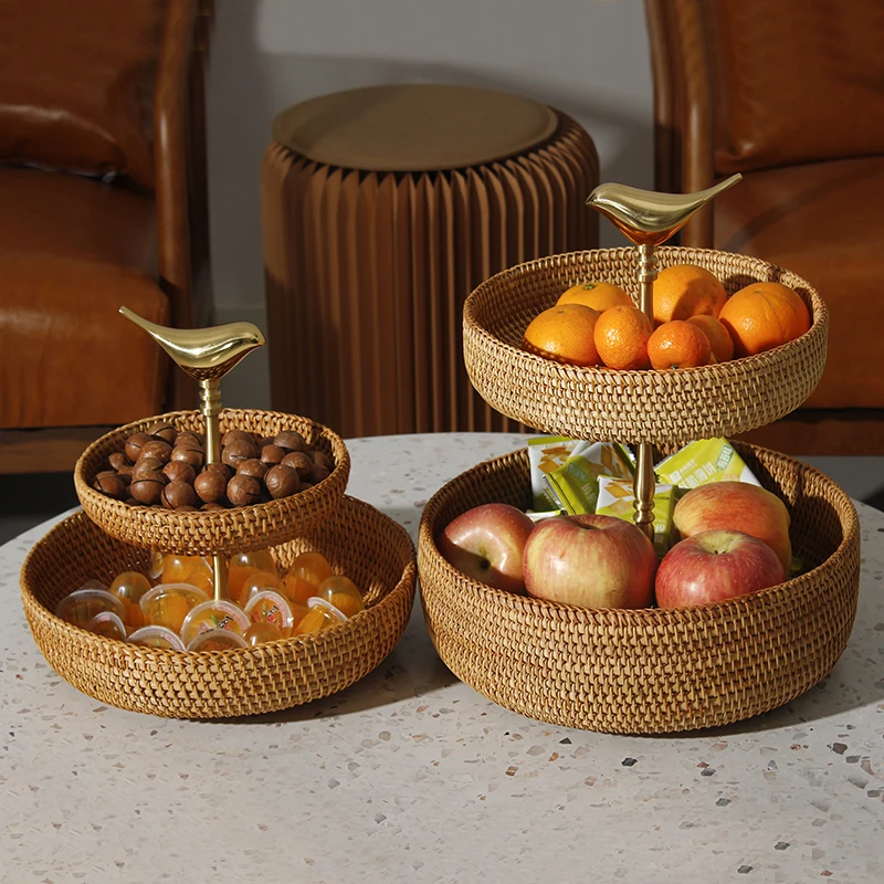 Golden multi-layer dining table rattan fruit bowl household coffee table brass bamboo basket double-layer dry water fruit bowl