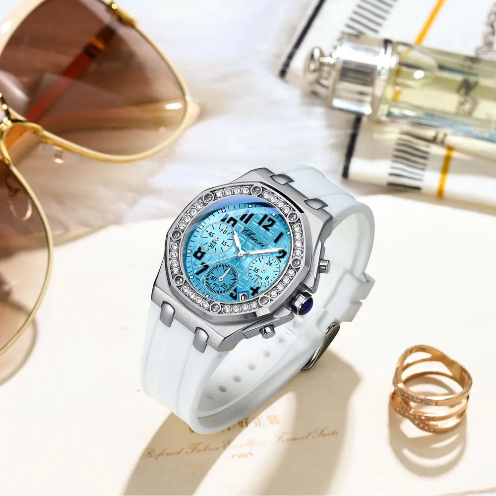 CHENXI Women's Multifunctional Watch  Diamond-Accented, Moon Phase Chronograph True Three-Eye Subdials Waterproof  Wristwatch