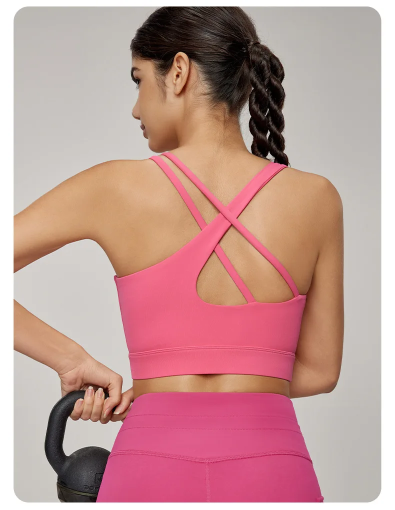 Spring/Summer Asymmetric Sports Underwear Fixed Cup Women's Thin Shoulder Strap Beauty Back Strap Bra Fitness Training Tank Top