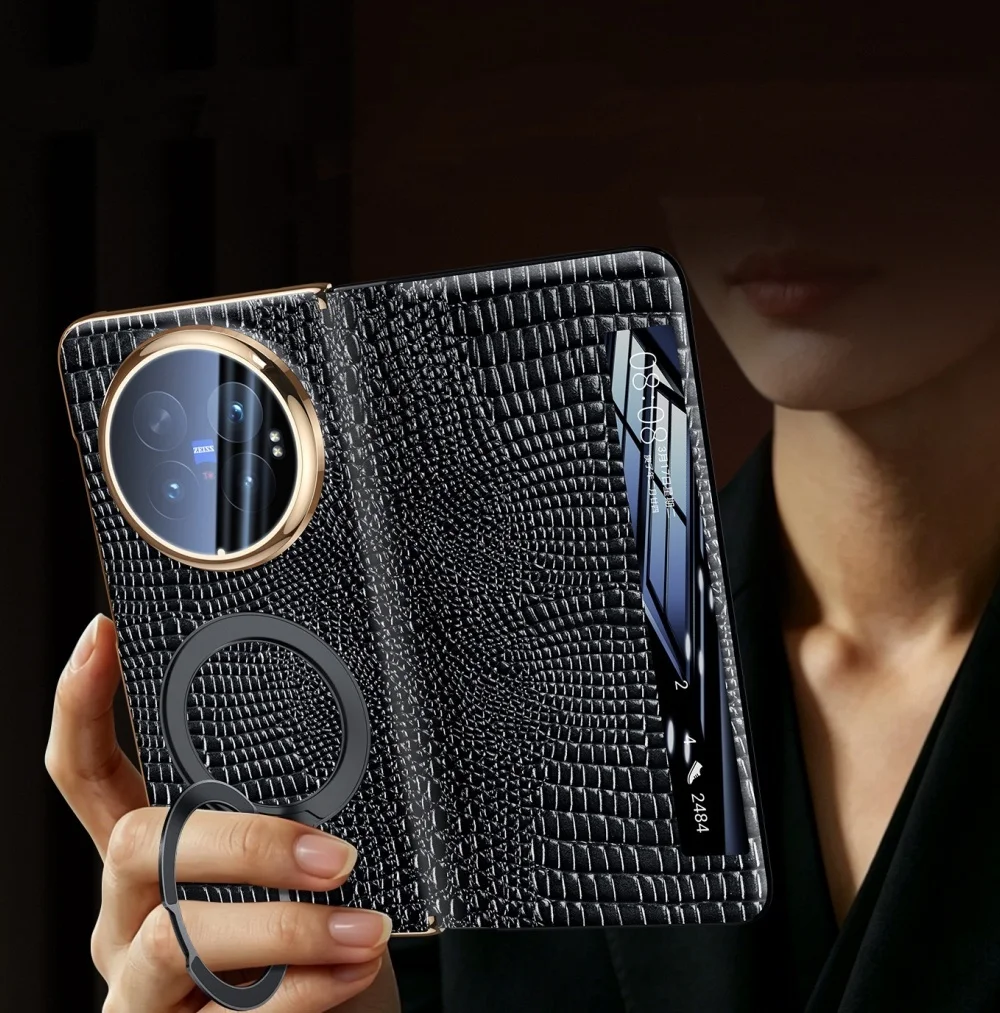 Genuine Cowhide Leather Window View Flip Case For VIVO X Fold6 Crocodile Cover