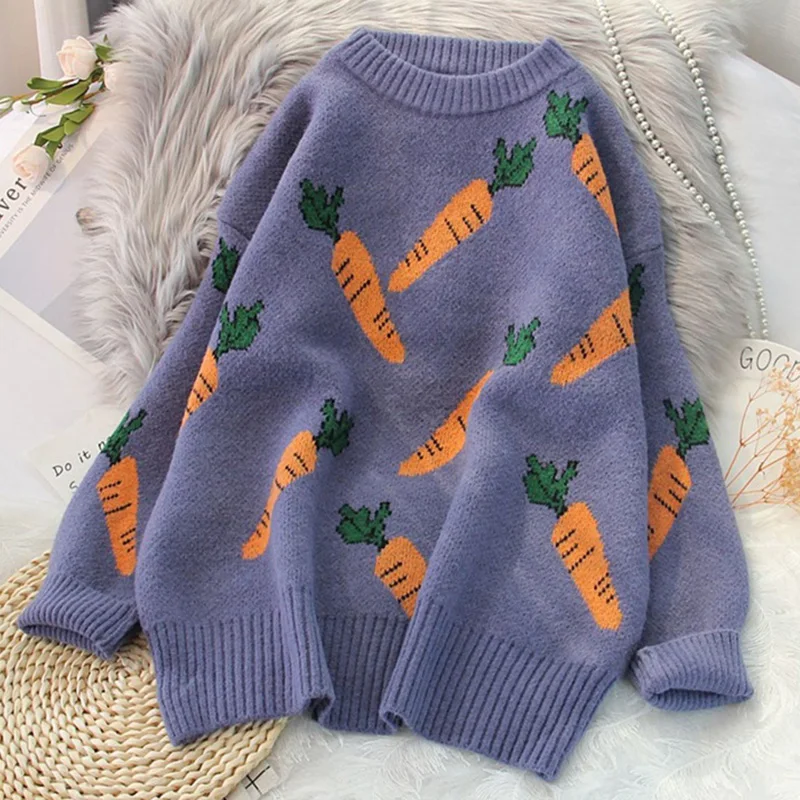 

Милый вязаный джемпер с кавайным принтом, японские свитера, женские свободные милые повседневные свитера с длинными рукавами и круглым вырезом в консервативном стиле, женский винтажный пуловер