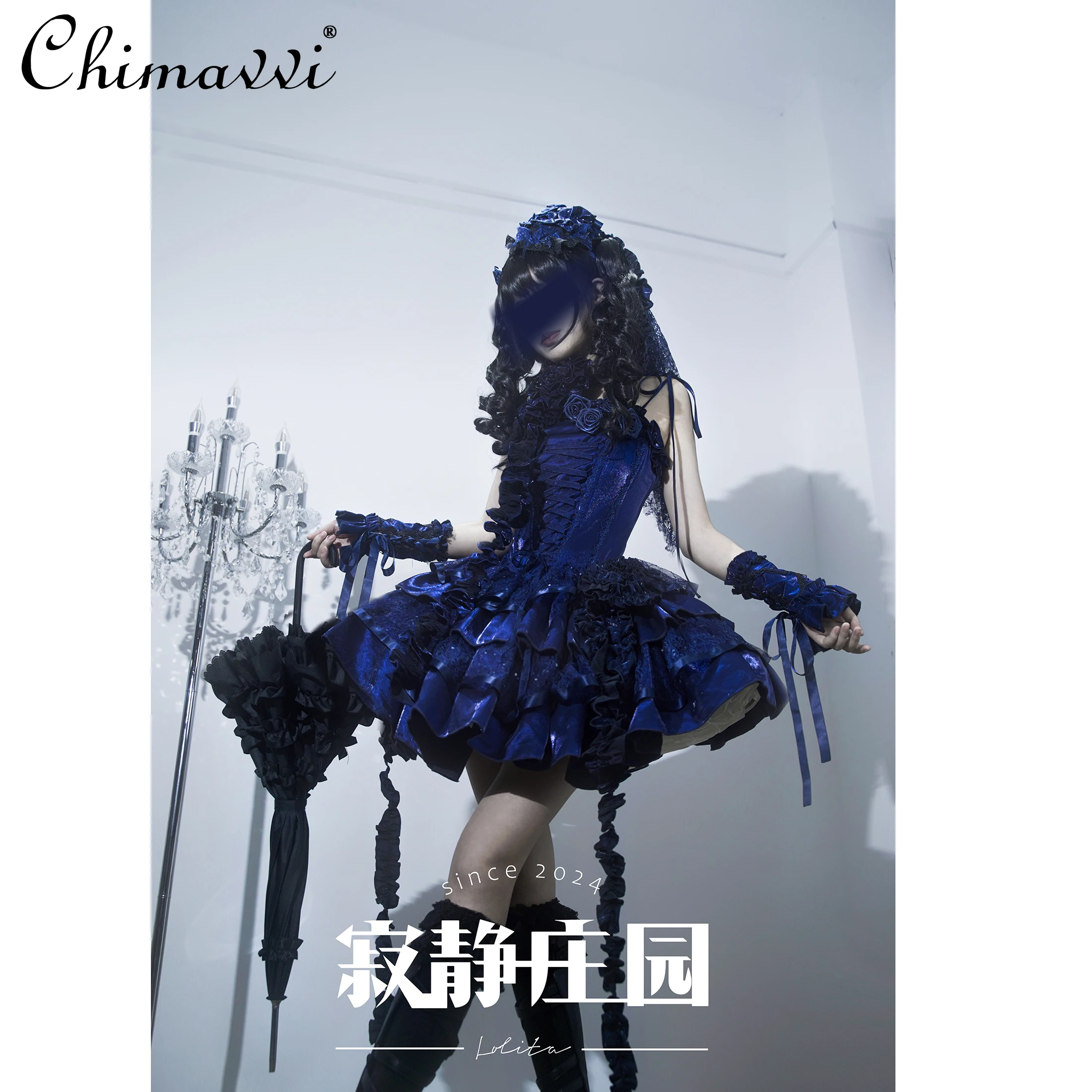 High-end Lolita Dress Women's Spring and Summer New Dark Blue Goth Fishbone  Dress Slim Sweet Girl Cosplay Short Women's Dresses - AliExpress 200000345