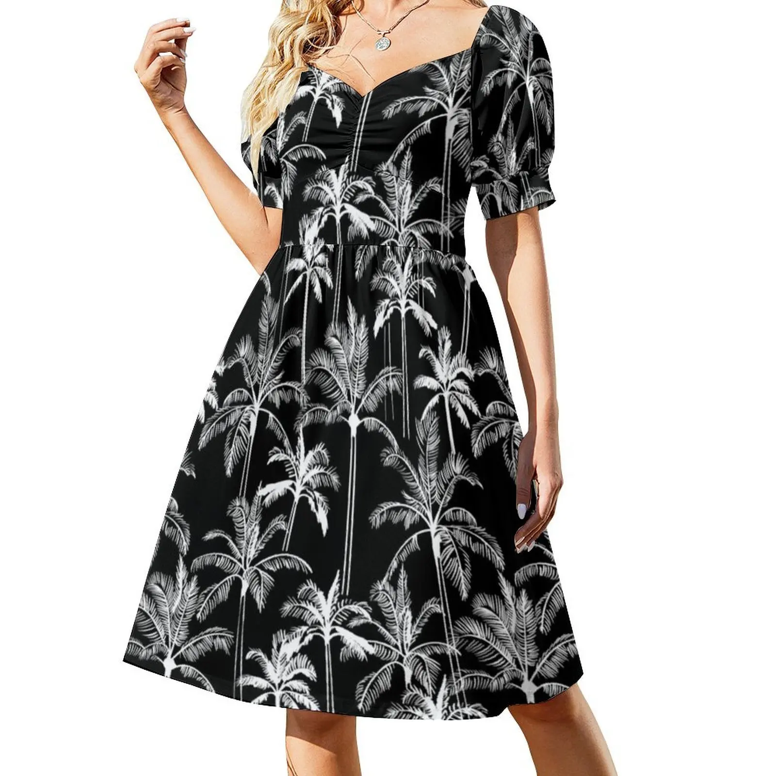 فستان ماركر بالمز-أسود على الطراز الكوري للنساء فستان كاجوال أنيق للحفلات أو الارتداء اليومي على شاطئ هاواي الاستوائي للعطلات