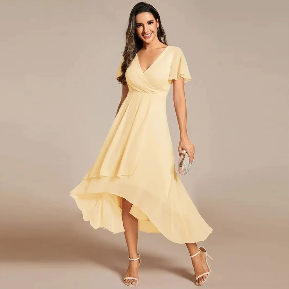 BAZIIINGAAA Party Dress V-Neck Midi Chiffon Wedding Guest Dresses with Ruffles Sleeve Evening dress