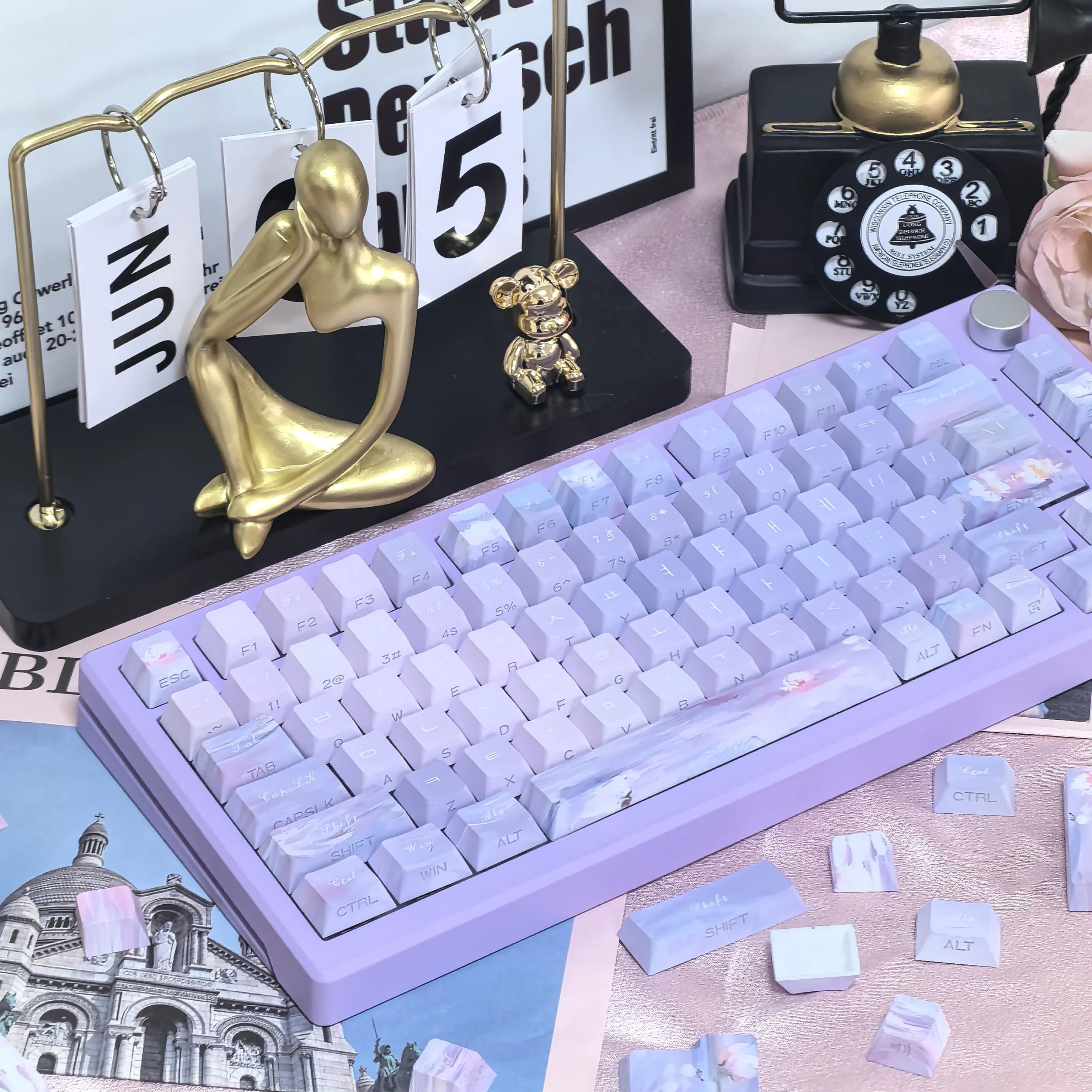 Imagem -03 - Handle Translúcido Gravado Lateral Faça Você Mesmo Keycap Dreamy Water Lily kr Keycap Coreano Roxo Sublimação de Cereja Pbt Faça Você Mesmo 130key