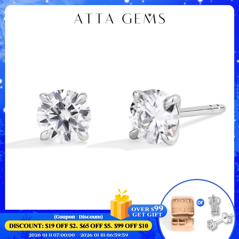 

ATTAGEMS D/VVS1 Color Round Cut 1CT Moissanite Diamond Stud Earrings for Women Men S925 SIlver Sparkling Wedding Jewelry Classic