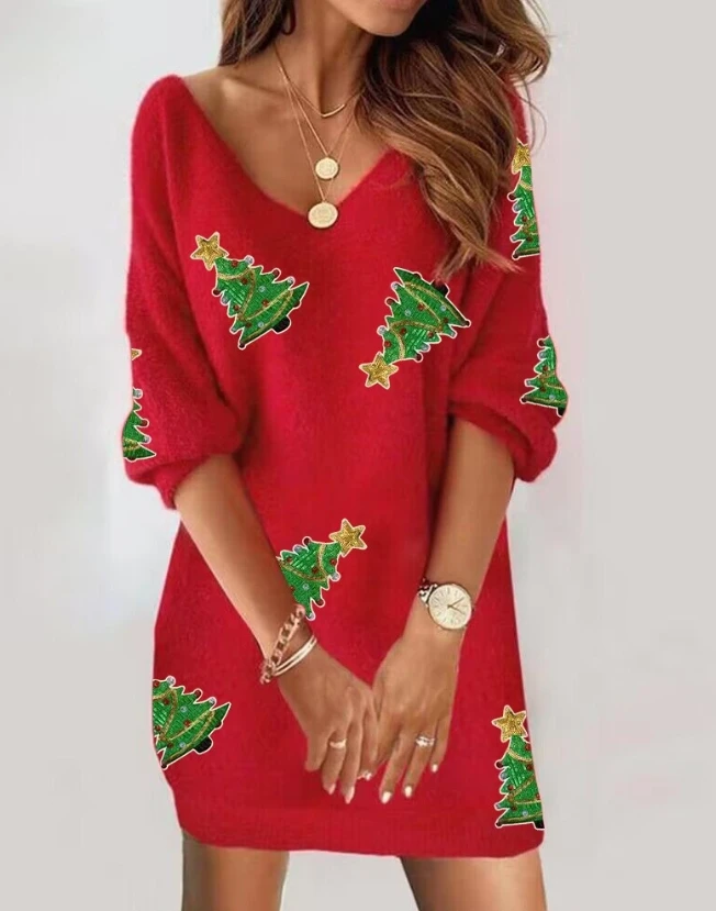 

One Piece Long Sleeved New 2023 Fashion Hot Selling Women's Sequins Christmas Tree Pattern Casual Dress