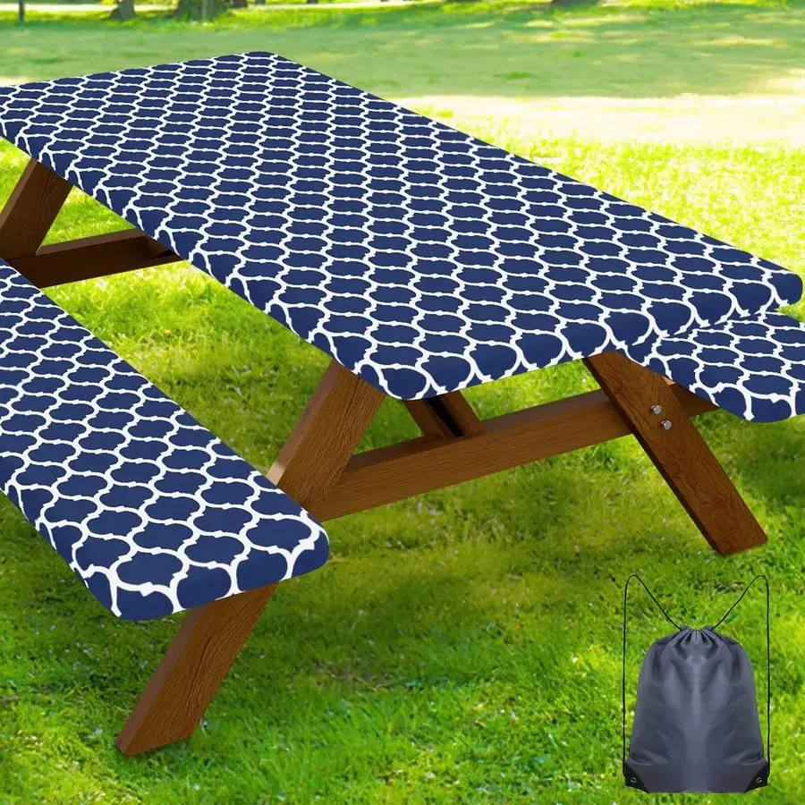 

Picnic Table Cover with Bench Covers, Waterproof Elastic Fitted Tablecloth for 8 Foot Tables, Washable Polyester Tablecloths for