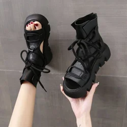 PU  Retro Straps Women Sandals 2022 New Ankle Boots Summer Handmade Hollow-out Lace-up Casual Platform Sandals women shoes