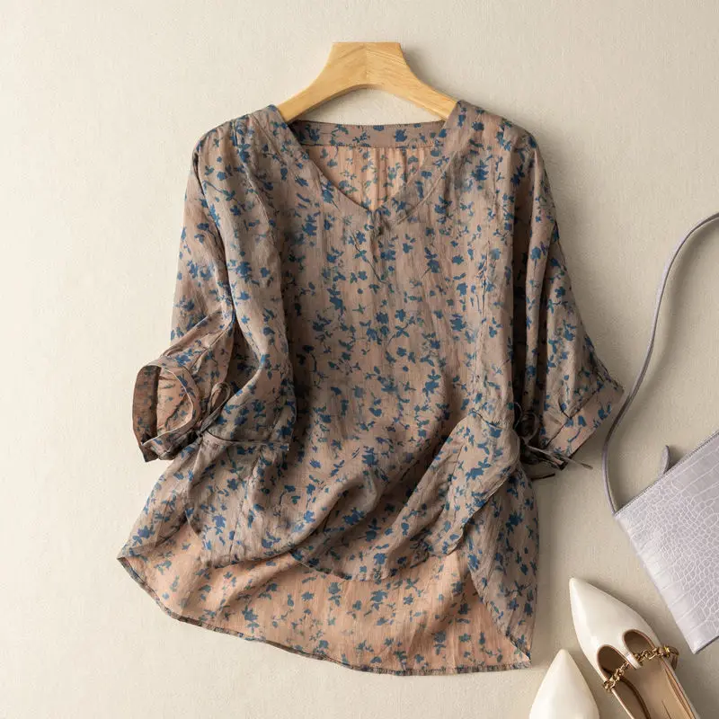 Summer New Short Sleeve Retro Style Top with Print and Dye Loose Comfortable Shirt