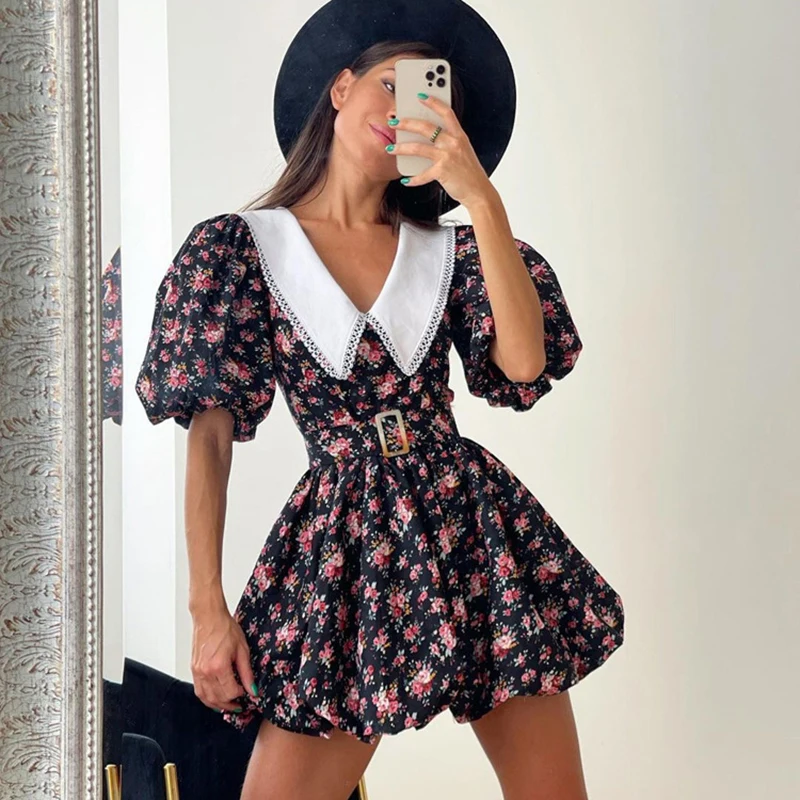 Fashion Print Color Blocking A-line Dresses Spring Women Zipper Puff Sleeve Lapel Dress Autumn High Waist with Belt Mini Dress