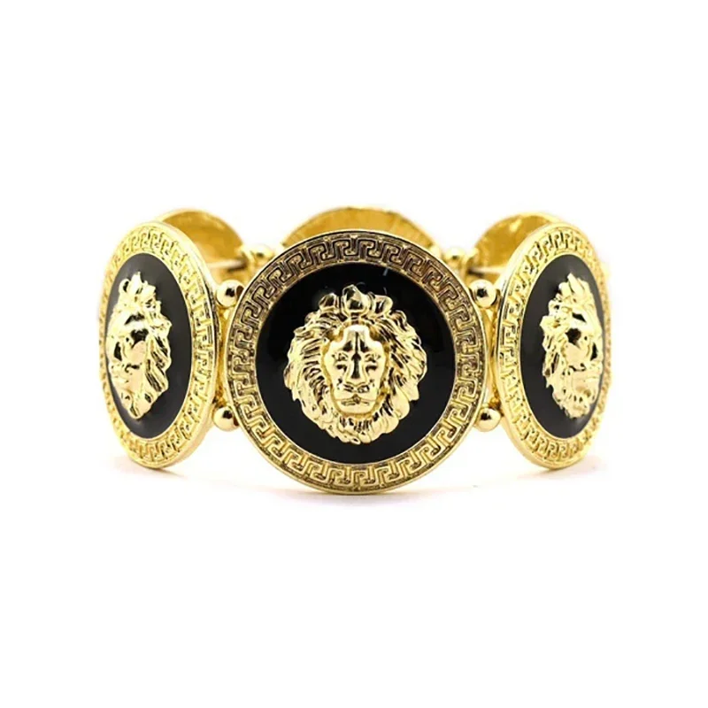 Frauen Punk Armbänder für Männer Vintage-Schmuck Gold Farbe Löwenkopf Elastische Armreifen für Party
