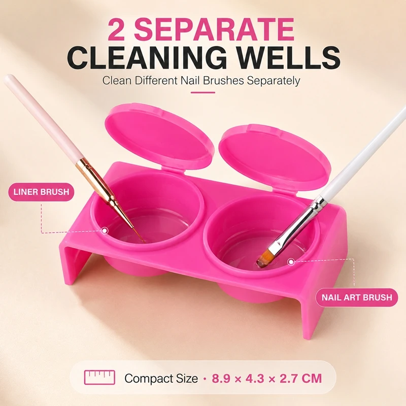 2-in-1 Nail Brush Cleaning Cup Dual Wells with Lids Compact Nail Art Brush Washer Manicure Tool for Gel Polish
