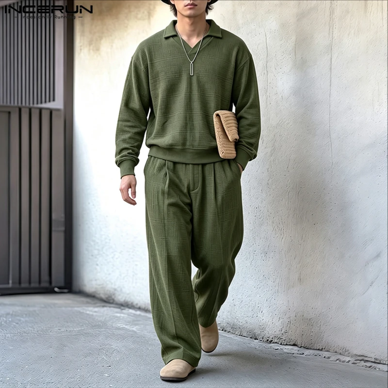 INCERUN Men's Sets Solid Color V Neck Long Sleeve T Shirt Pants Two Piece Sets Loose Streetwear Autumn Casual Matching Sets 2026