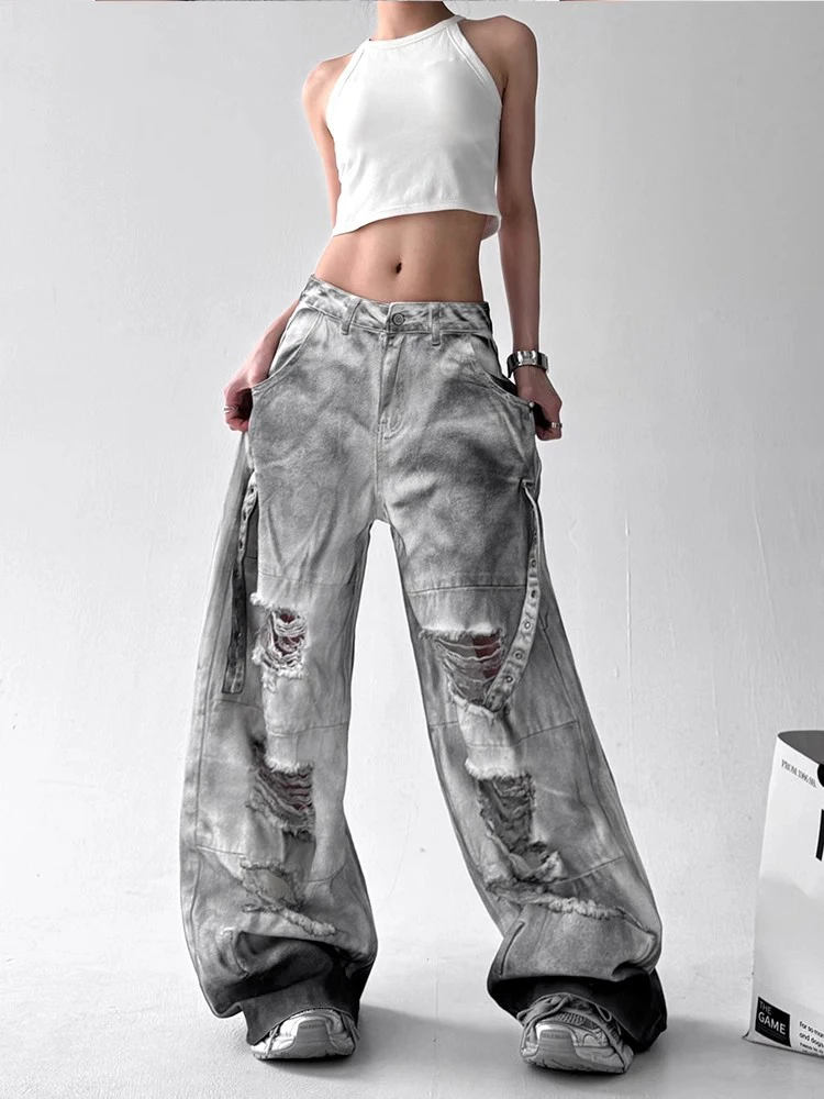 

American style street inkjet dirty multi pocket jeans women summer new style wasteland style straight leg wide leg pants