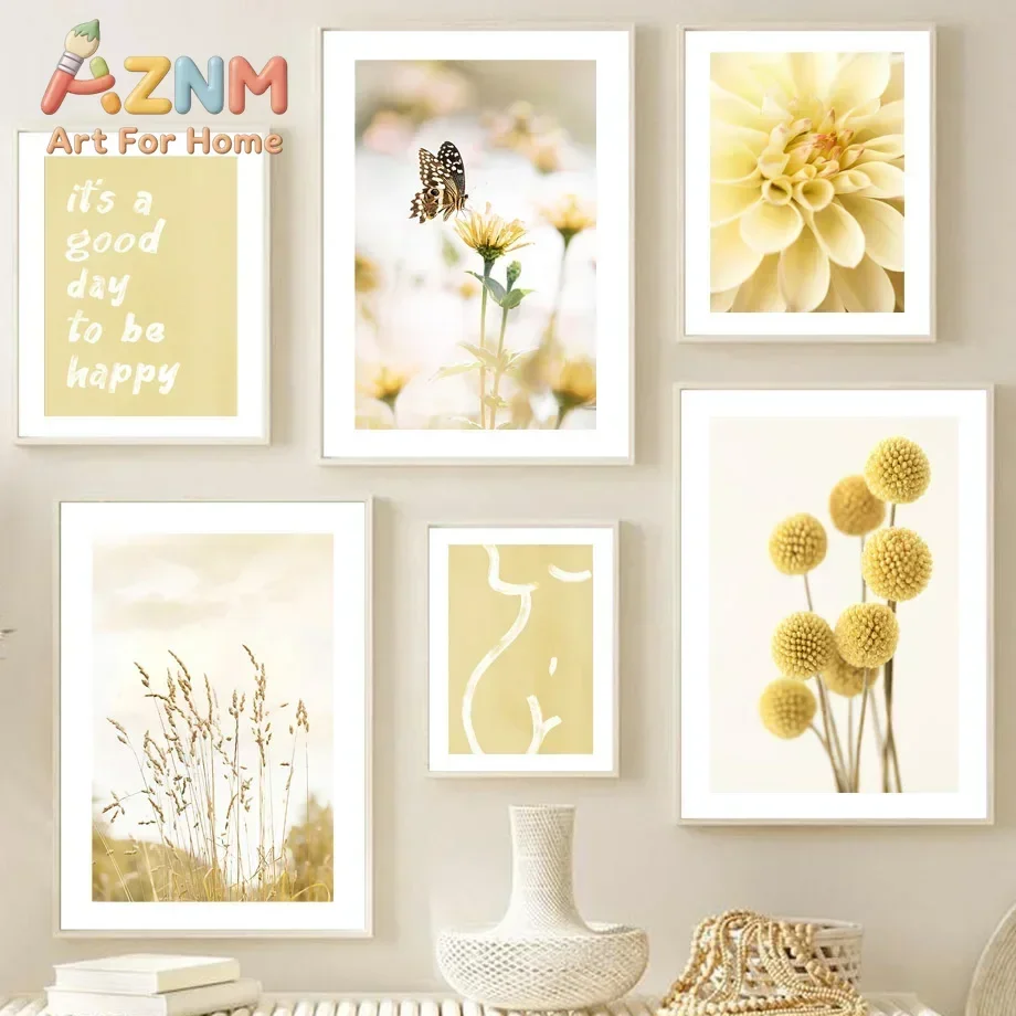 Yellow Dahlia Sunflower Orchid Butterfly Beige Wall  Canvas Painting Nordic Posters And Prints Pictures For Living Room Decor