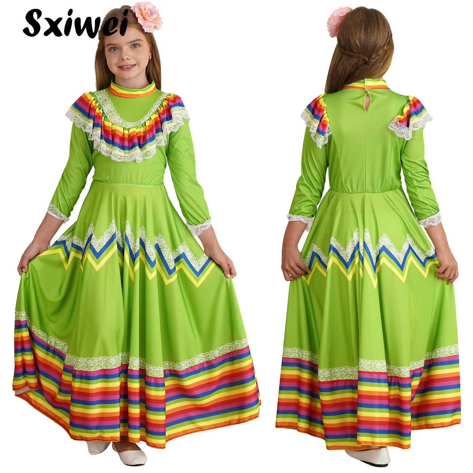 

Girls Mexican Traditional Dress Colorful Stripe National Dance Folklorico Swing Dress Halloween Carnival Performance Costume