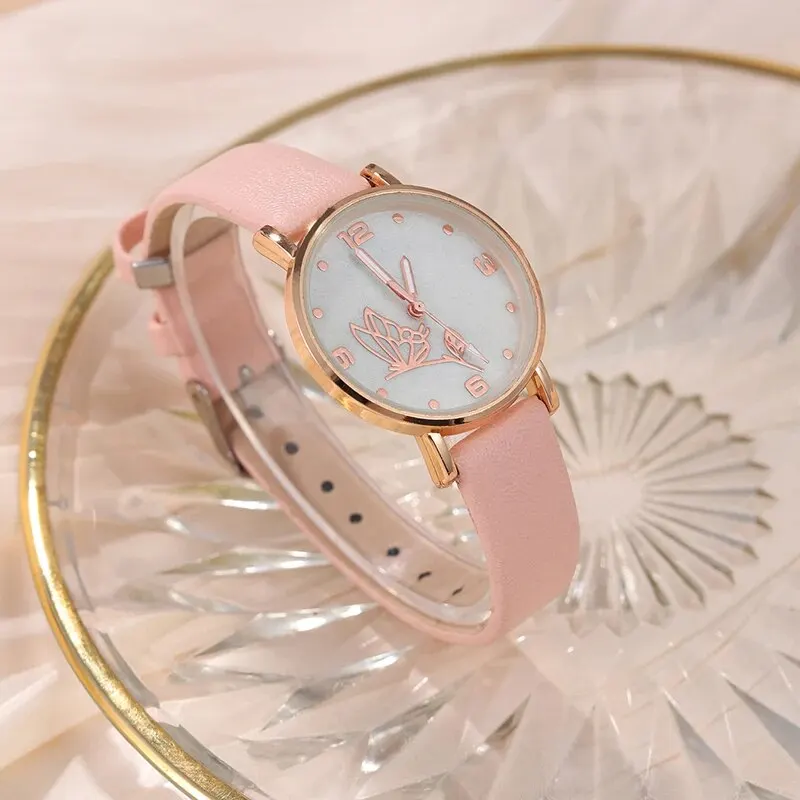 6PCS Set Women Butterfly Dial Watch Brand Female Clock Pink Leather Band Ladies Watches Fashion Casual Quartz Wristwatche