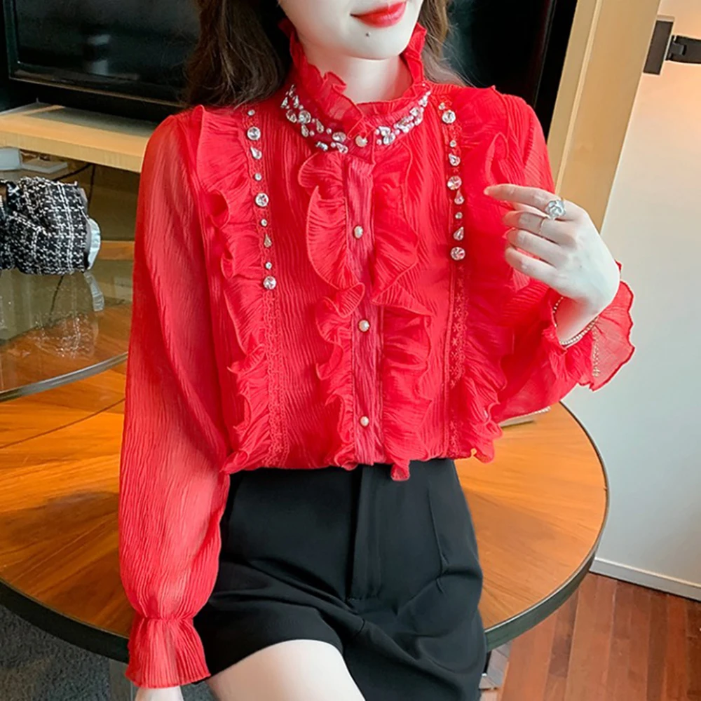 Heavy Wooden Ear Beaded Stand Single-Breasted Shirt for Women 2022 Spring New Fashion Sweet Fairy Lace Flare Sleeve Blouse