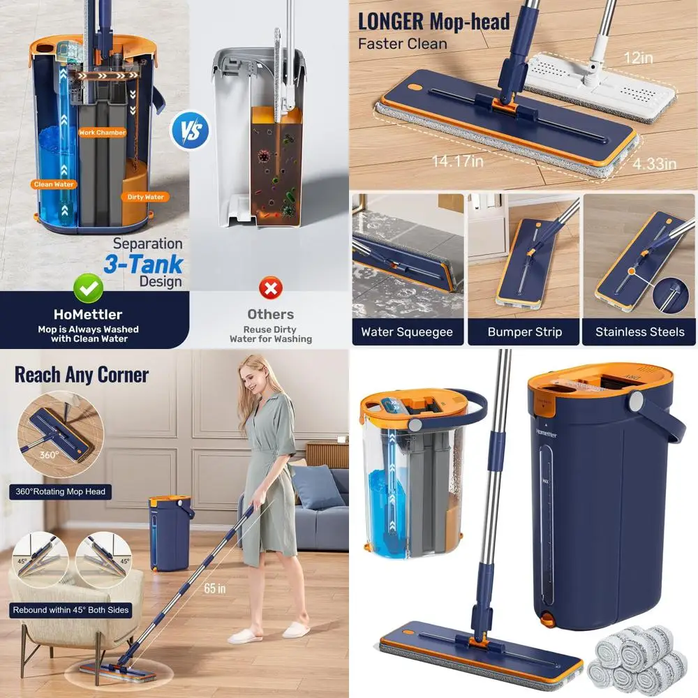 

3-Tank Mop System with Wringer, Long Handle Wall Cleaner, Hands-Free Floor Mopping Kit with 6 Microfiber Pads