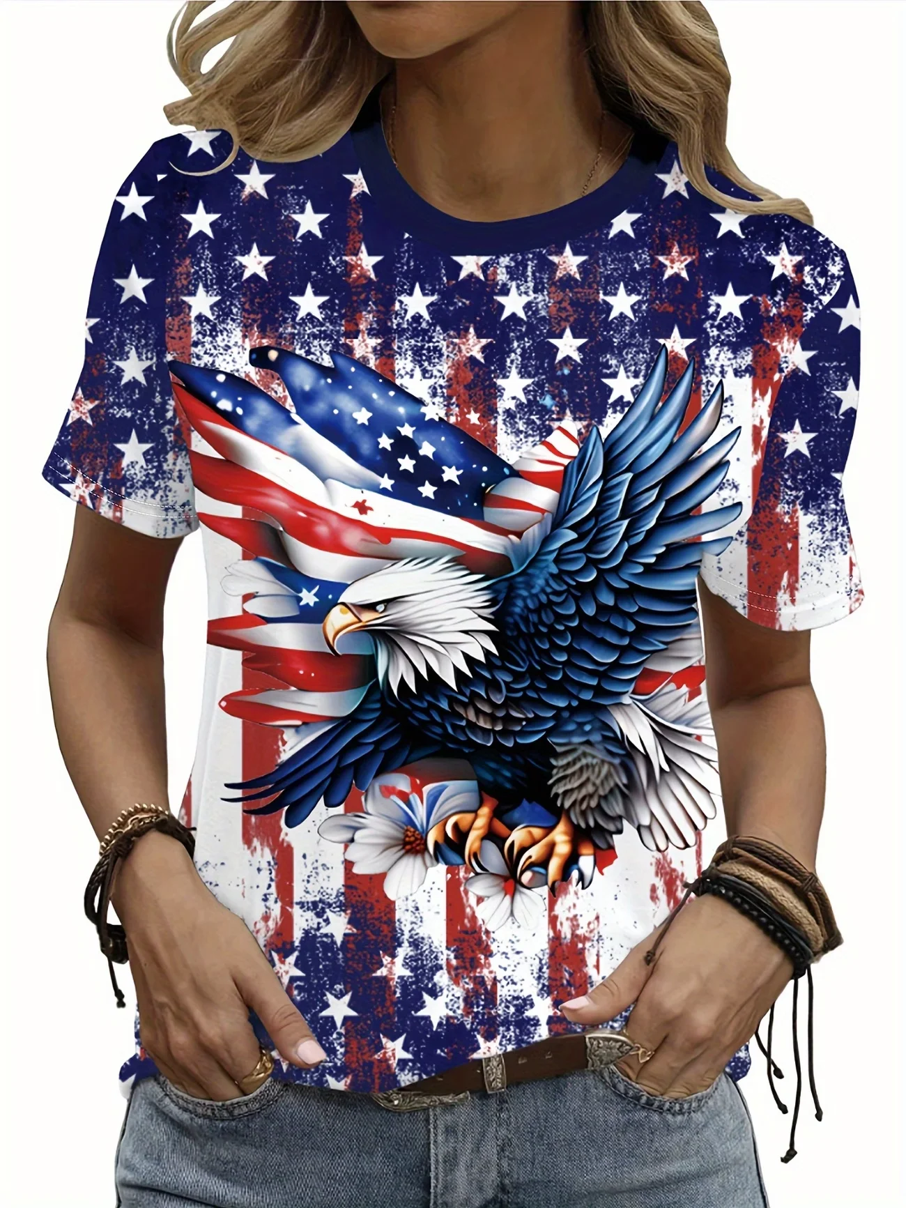 Women's American Flag & Bald Eagle Print T-Shirt Casual Short Sleeve Crew Neck Patriotic Graphic Tee for Summer