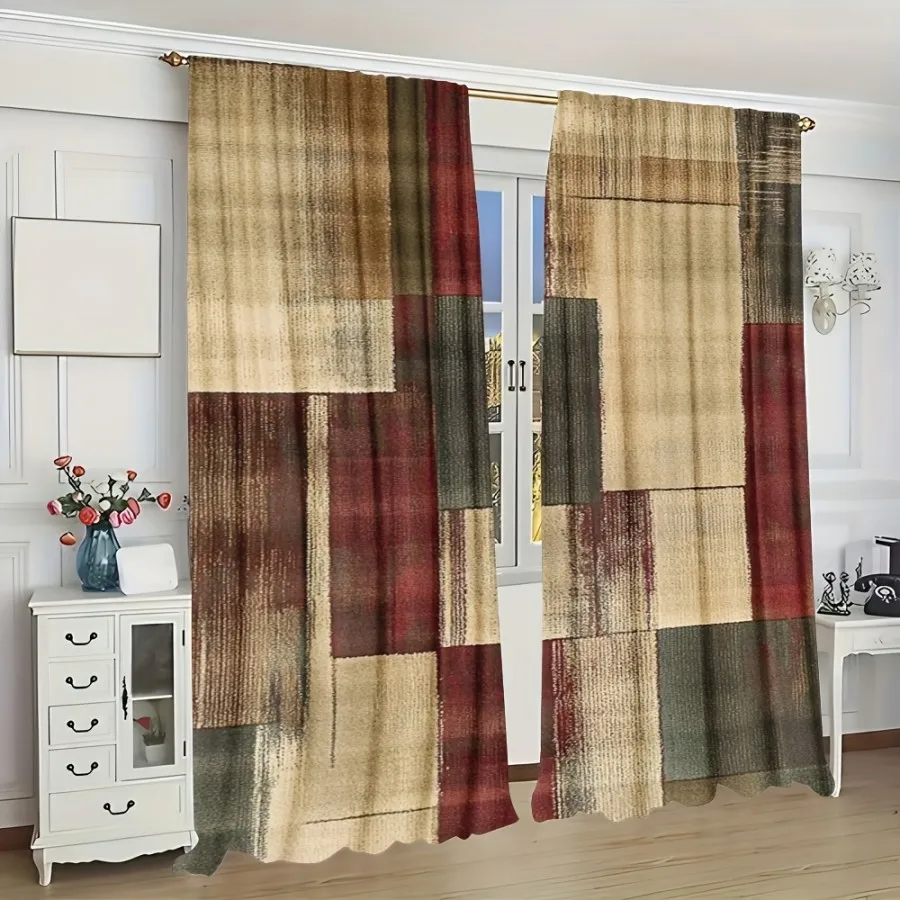 2PCS Digital Print Curtains, Retro Color Block Geometric, Mid Century Modern Living Room Decor Abstract Art Style Bedroom Drapes