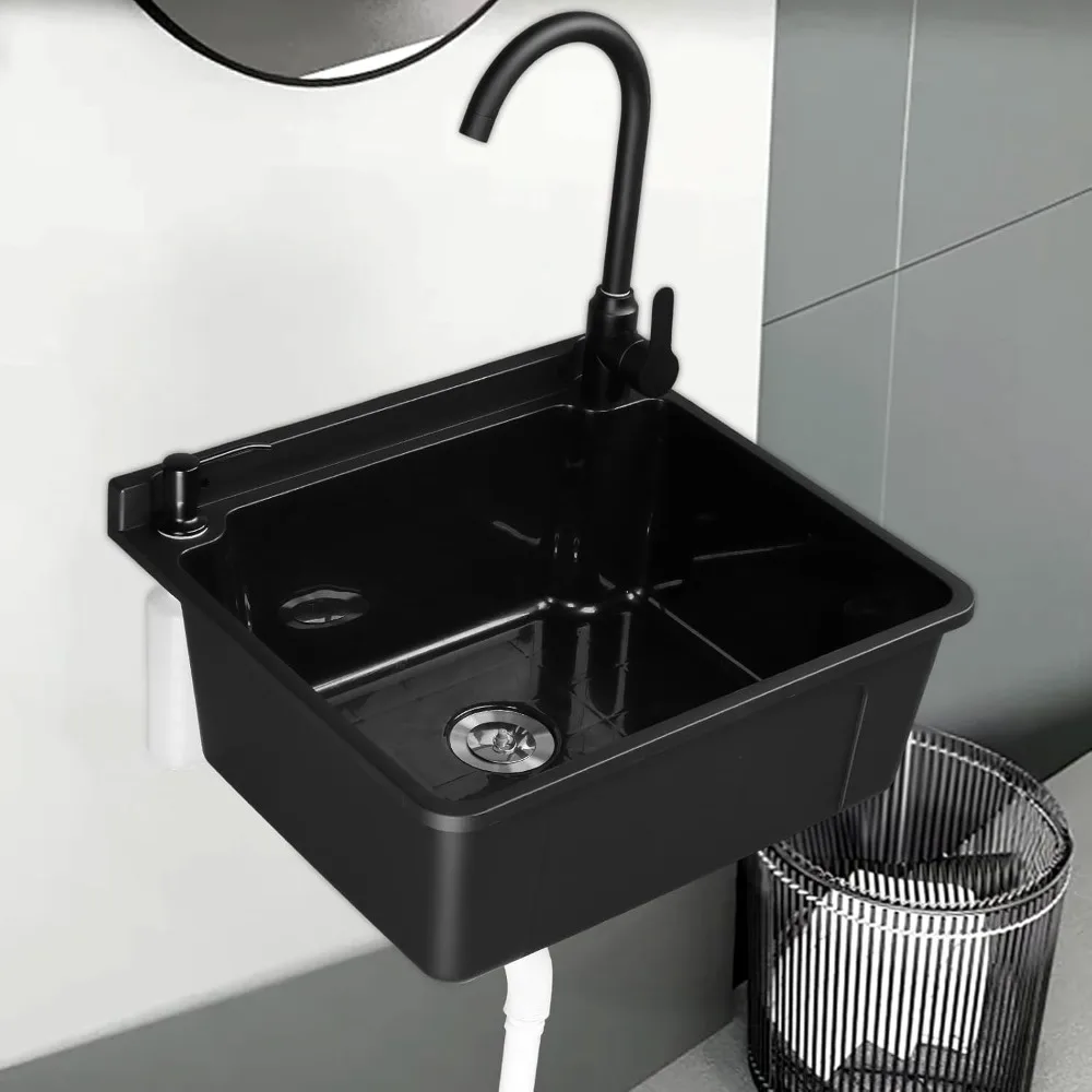 

Plastic Wall-Mounted Utility Sink with Hot&Cold Faucet White / Black Save Space