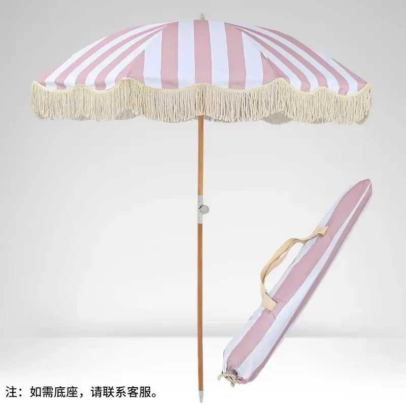 Multi-style manual straight pole garden beach parasol with fringed long wooden handle windproof and UV proof