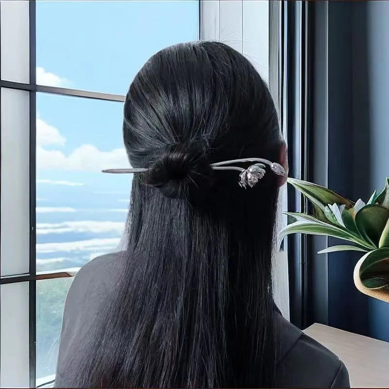 جديد النمط الصيني لوتس الشعر العصي للنساء خمر فضي اللون دبوس الشعر شخصية شيونغسام Hanfu عيدان تناول الطعام الحد الأدنى