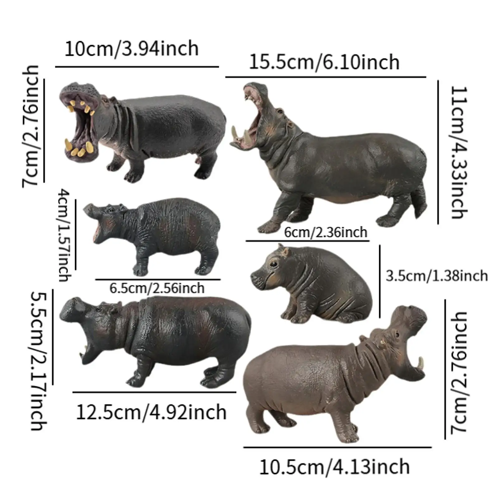 6x Hippo Figurki Zwierzęta Zabawki Figurka Ręcznie Malowana Zabawka Realistyczny Solidny Hipopotam Model Statuetka dla Dzieci Przedszkole Prezent Urodzinowy