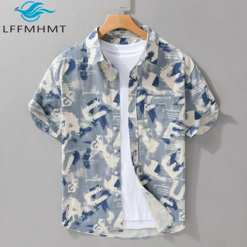 

Summer Trendy Chic Printed Short-sleeve Shirt for Men America Style Loose Casual Comfortable Versatile Beach Shirt 100% Cotton