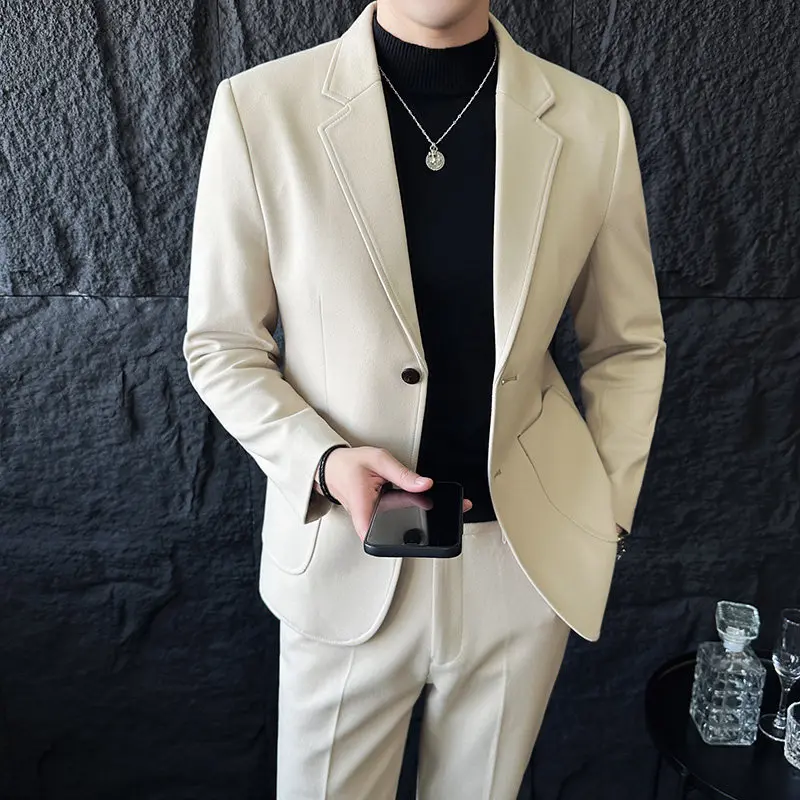 

Мужской деловой костюм в корейском стиле, приталенный, из шерсти, 2-х предметный, повседневный комплект с пиджаком