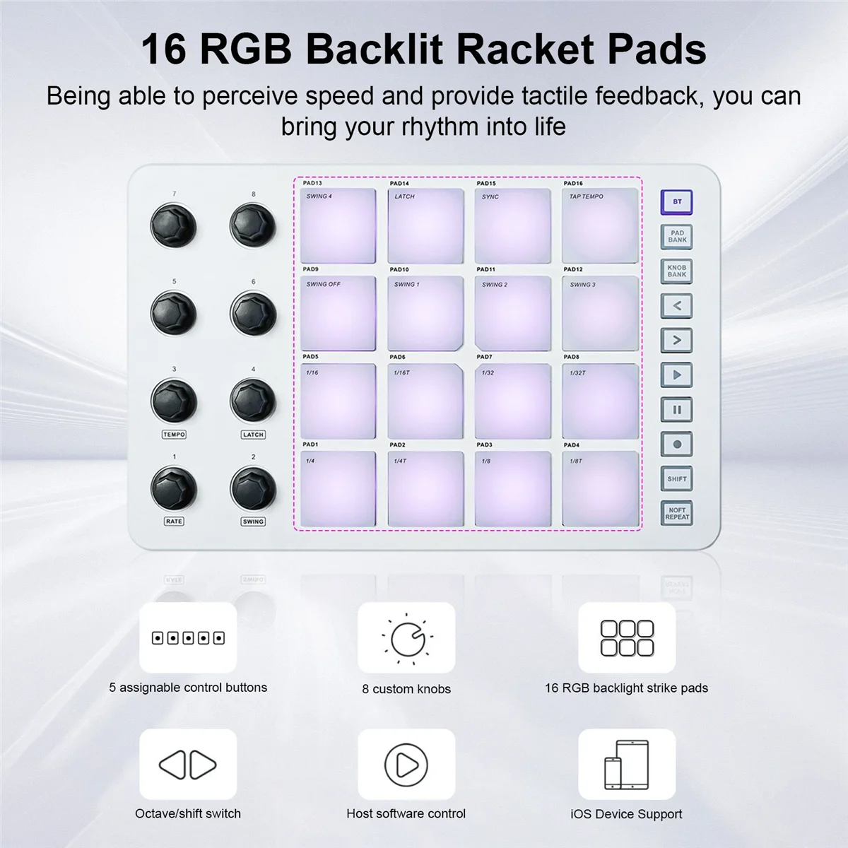 Y06A MIDI Controller Strike Pad RGB Backlight MIDI Keyboard BT Connection Low Latency 3.5mm Output Interface MIDI Pad