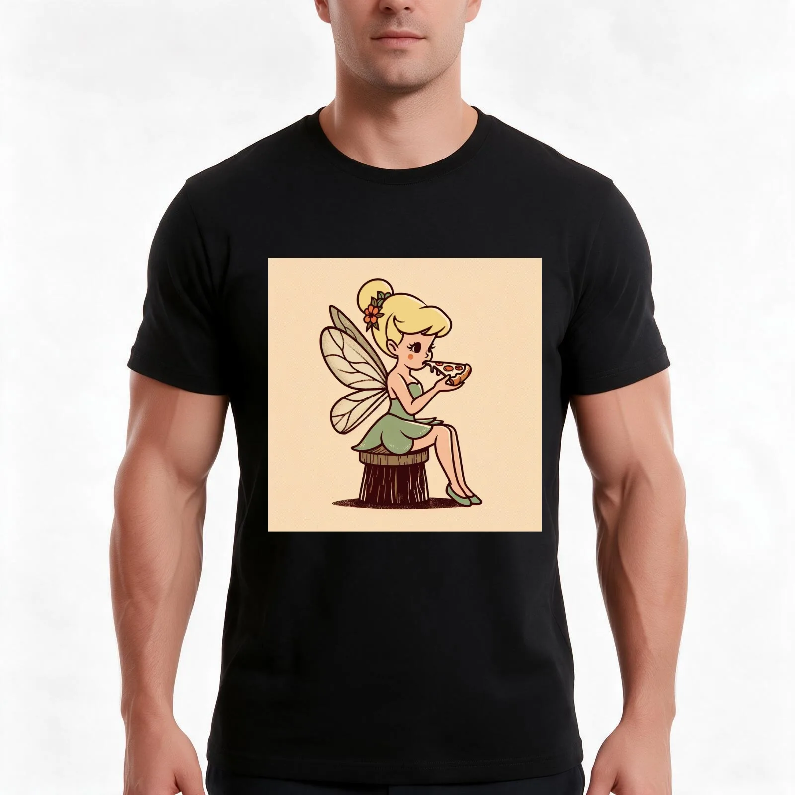 Adorable fairy eating a delicious pizza in vintage style T-Shirt, Summer Casual Cotton Tee, Oversized Streetwear Tops
