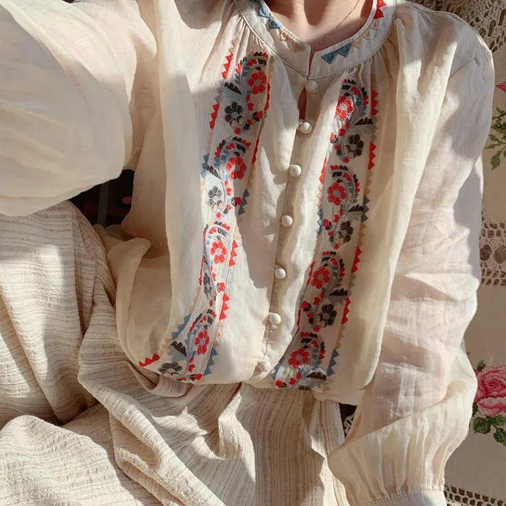 

118cm Bust Spring 100%Ramie Shirts Tops Women Mori Girls Elegant Luxury Embroidery Long Sleeve Casual Loose Shirts Blouses