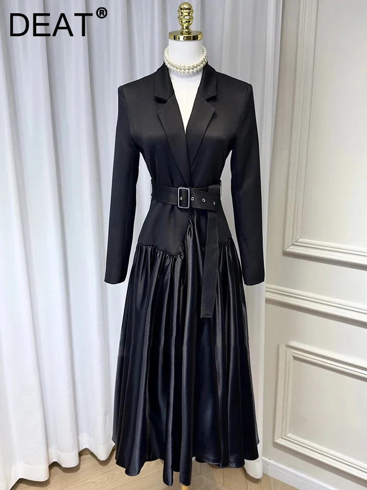 DEAT 2024 Autumn Women\'s Dress Notched Long Sleeve Belt Waist Satin Pleated Patchwork Split Female Dresses New Fashion 15C600