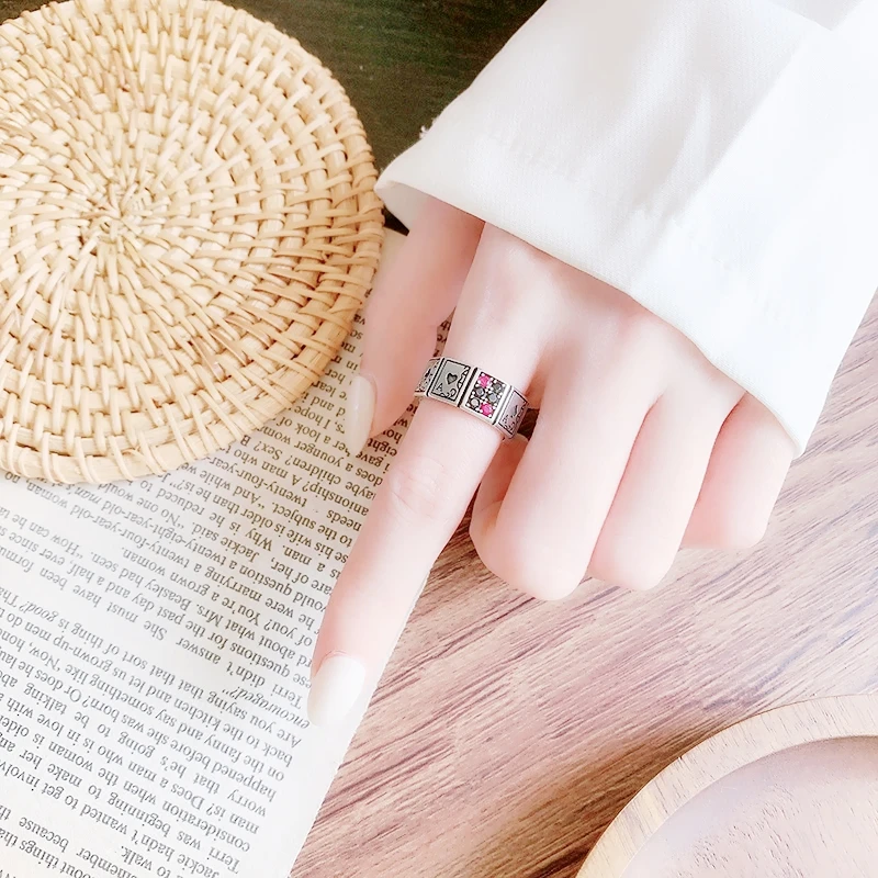Sole Memory Retro Zircon Playing Cards Good Luck 925 Sterling Silver Female Resizable Opening Rings RI1070
