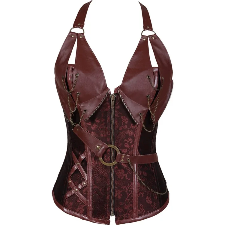 

Women's Vintage Brown Corset 14 Steel Bones Faux Leather Punk Halter Bustier With Belt Gothic Cosplay Costume