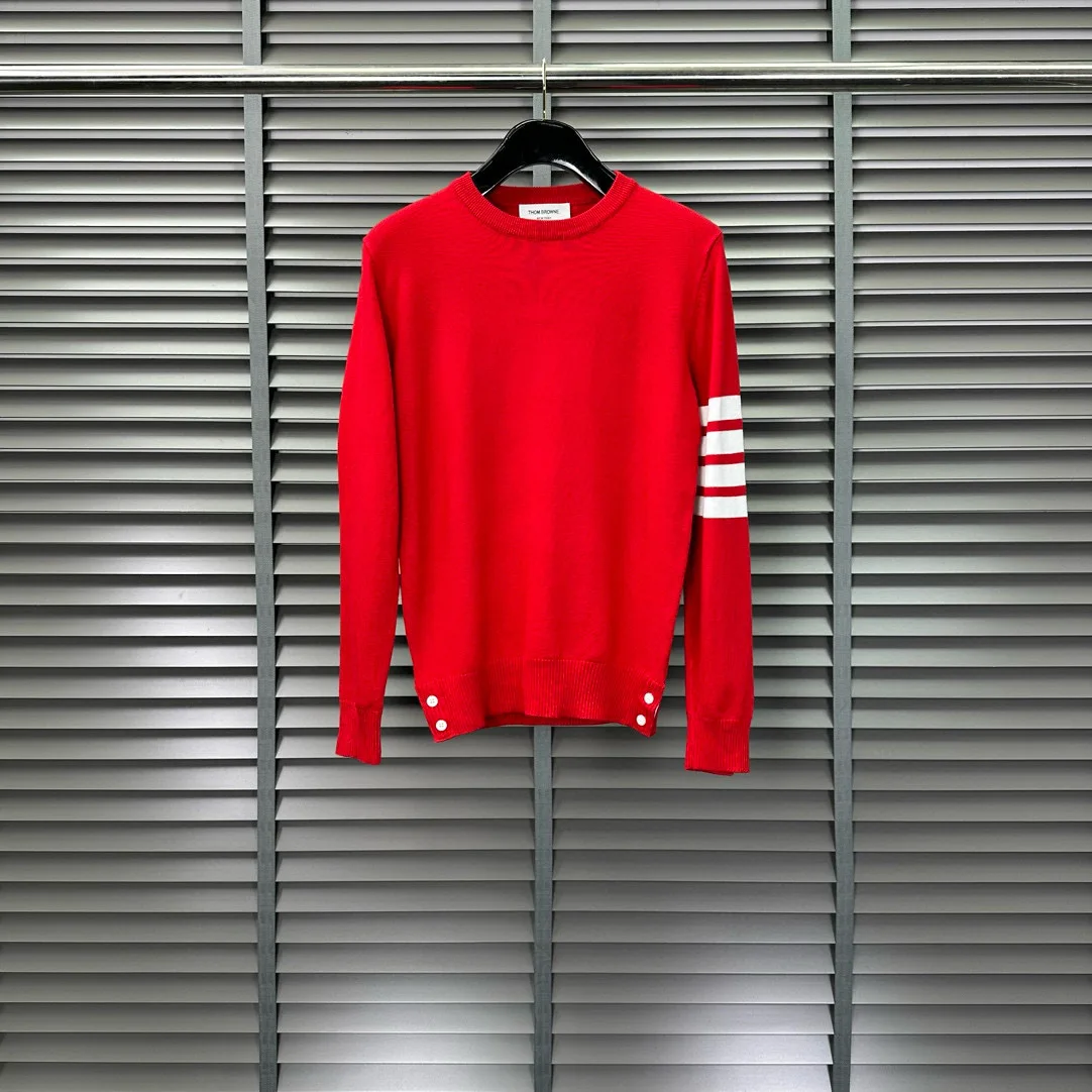 

Красный вязаный пуловер с длинными рукавами и круглым вырезом для мужчин и женщин, дизайн с изображением китайского зодиака, классический дизайн с четырьмя полосками, хлопок