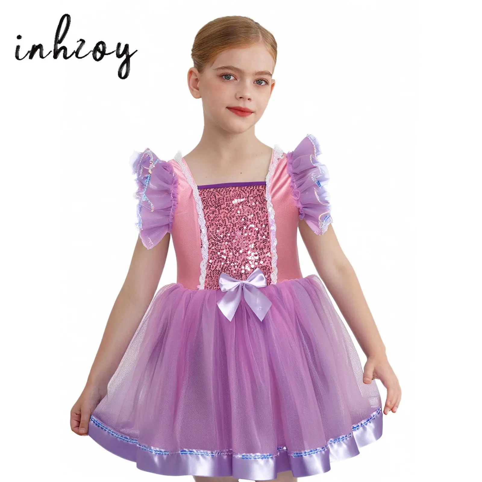 

Kids Girls Ballet Dance Performance Costume Ruffled Sleeves Sequins Bodice Bowknot Layered Tutu Dress+Headwear+Pantyhose 3Pcs