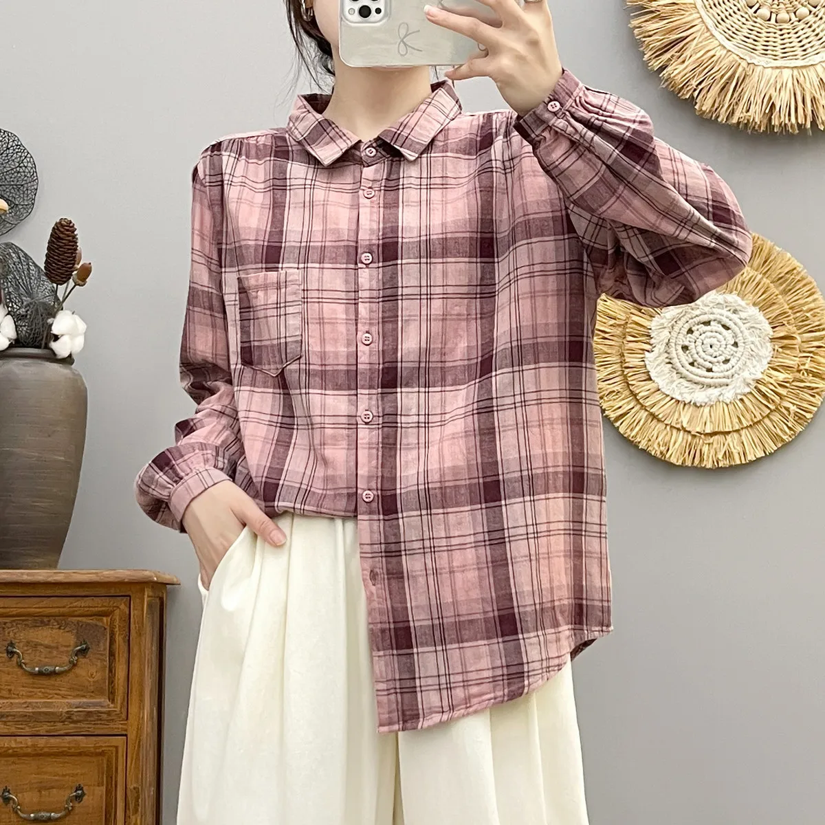 Plus size tops Korean fashion autumn check shirts cotton yarn women\'s plaid shirt long sleeve tops coffee pink yellow plaid tops