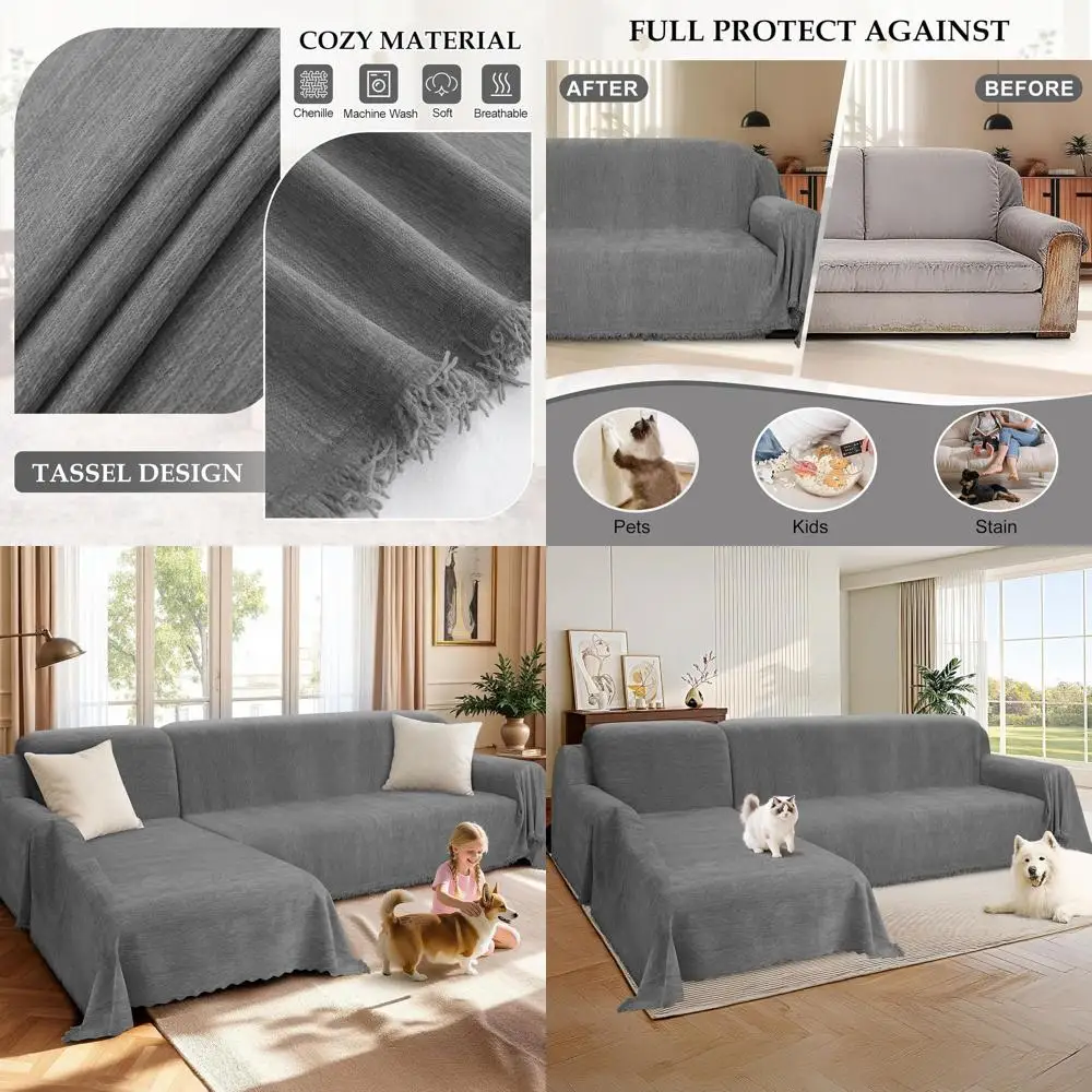 

Pet-Friendly Washable L-Shape Sectional Sofa Covers with Chaise, 2-Piece Slipcovers, Light Grey, XX-Large