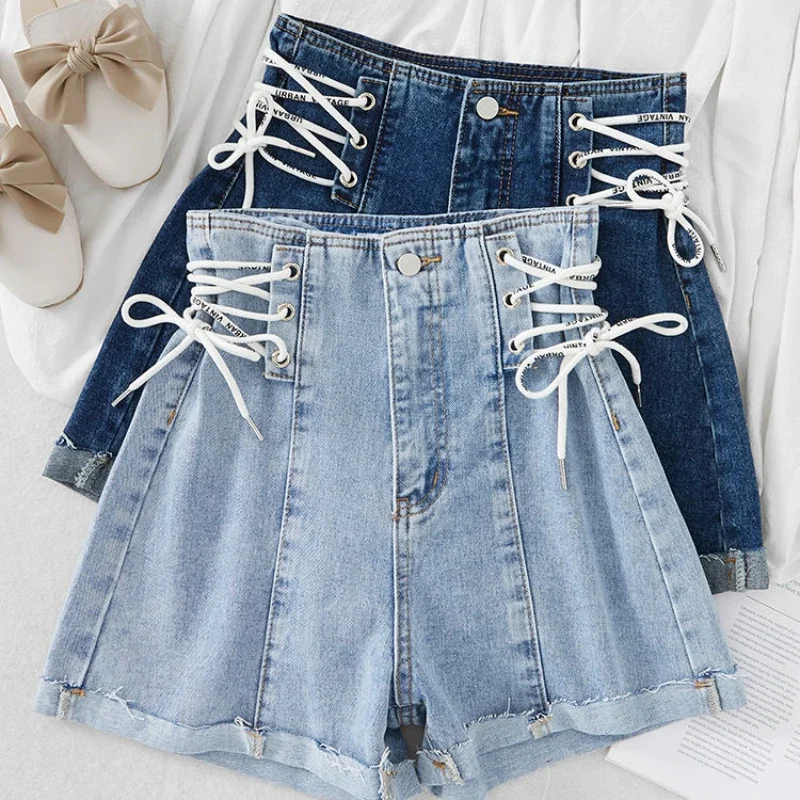 Women's High Waist Denim Shorts, Thin Design Tie Rope, Wide Leg Hot Pants, Summer Bud, New