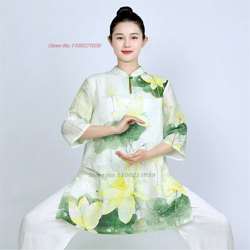 2024 chinese tai chi uniform wushu morning exercise flower print cotton linen set tai chi stage performance training exercise