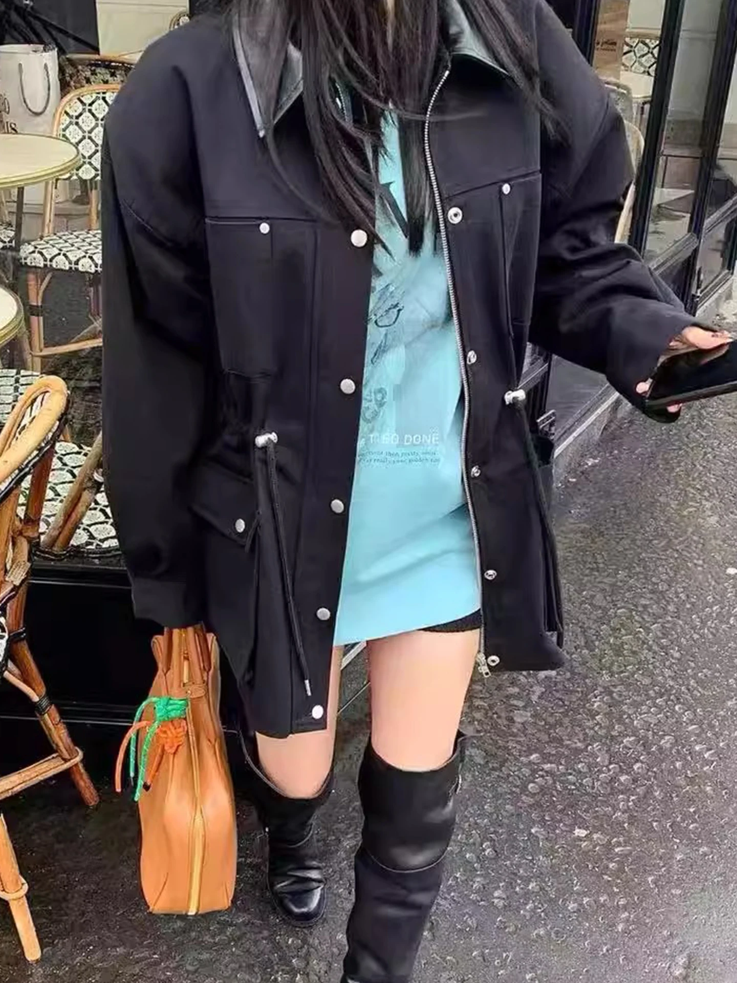 Retro PU Leather Workwear Jacket Women's Drawstring Waist Multi-Pocket Coat Korean Style Loose Fit Long Sleeve Zipper Closure