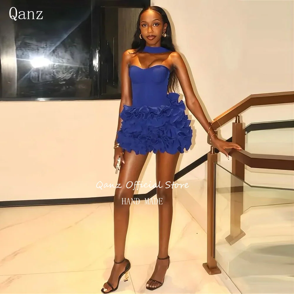 

Qanz Royal Blue Satin Prom Dress Sweetheart Mini Birthday Dress Woman Sexy Ruffles Backless Short Vestidos De Fiesta Customized