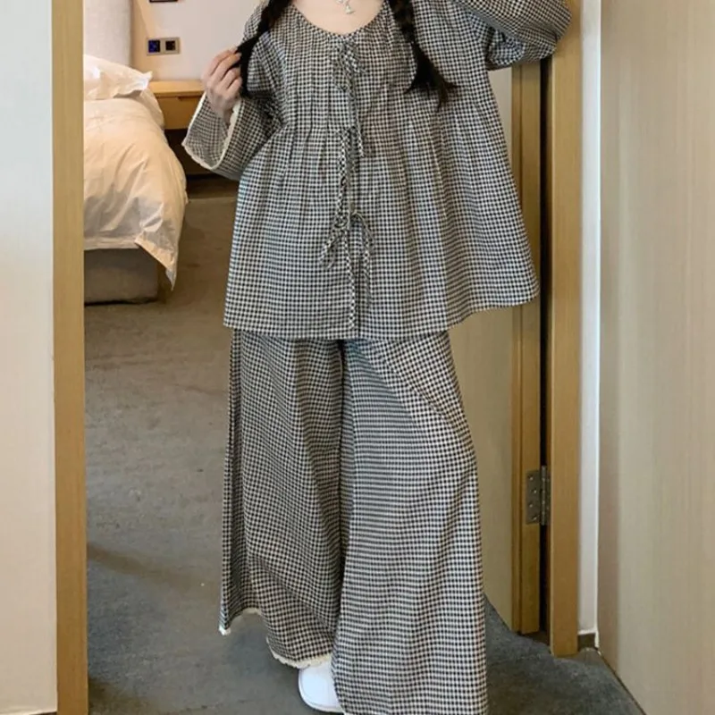 Spring and Autumn Pajamas Women\'s Long-sleeved Pants Loose Sweet Sleepwear Clothes Black Plaid Ladies Casual Homewear Suit Women