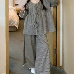 Spring and Autumn Pajamas Women's Long-sleeved Pants Loose Sweet Sleepwear Clothes Black Plaid Ladies Casual Homewear Suit Women